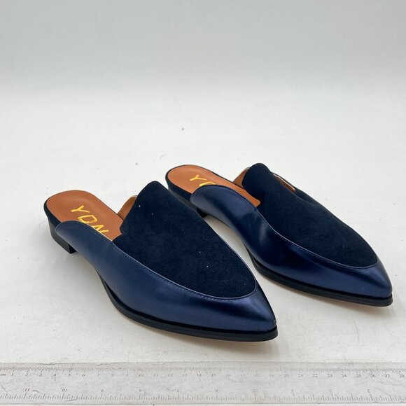 YDN Navy Low Heels Mules Slip On Loafers Pointy Toe Clogs Slide Slipper Shoes - Picture 3 of 7